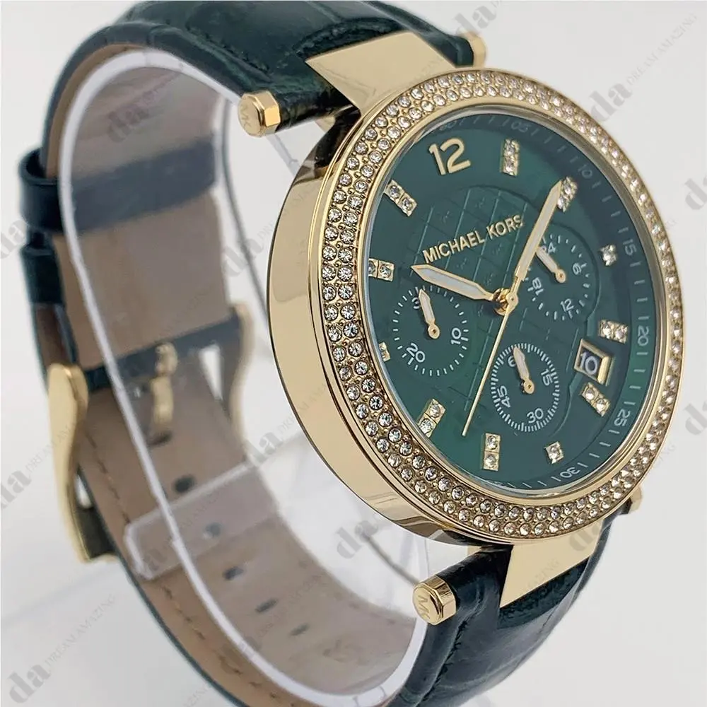 Michael Kors MK6985 Parker Leather Strap Green Dial Quartz Women`s Watch