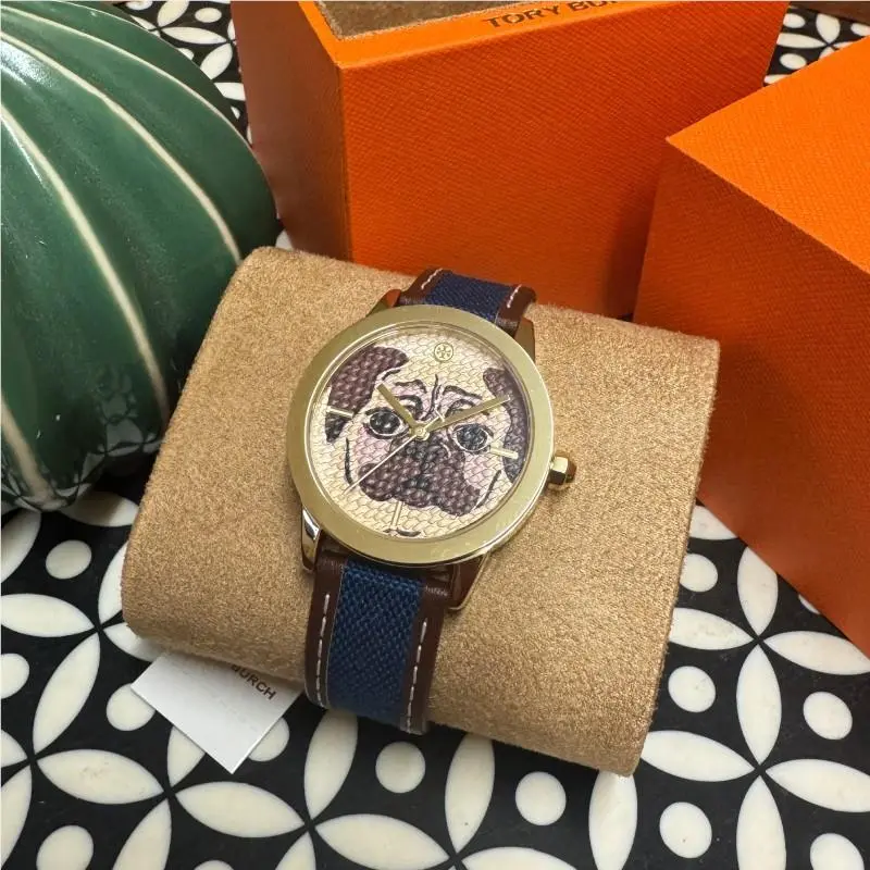Gigi Pug Blue Fabric Brown Leather Strap Watch TBW2034 by Tory Burch