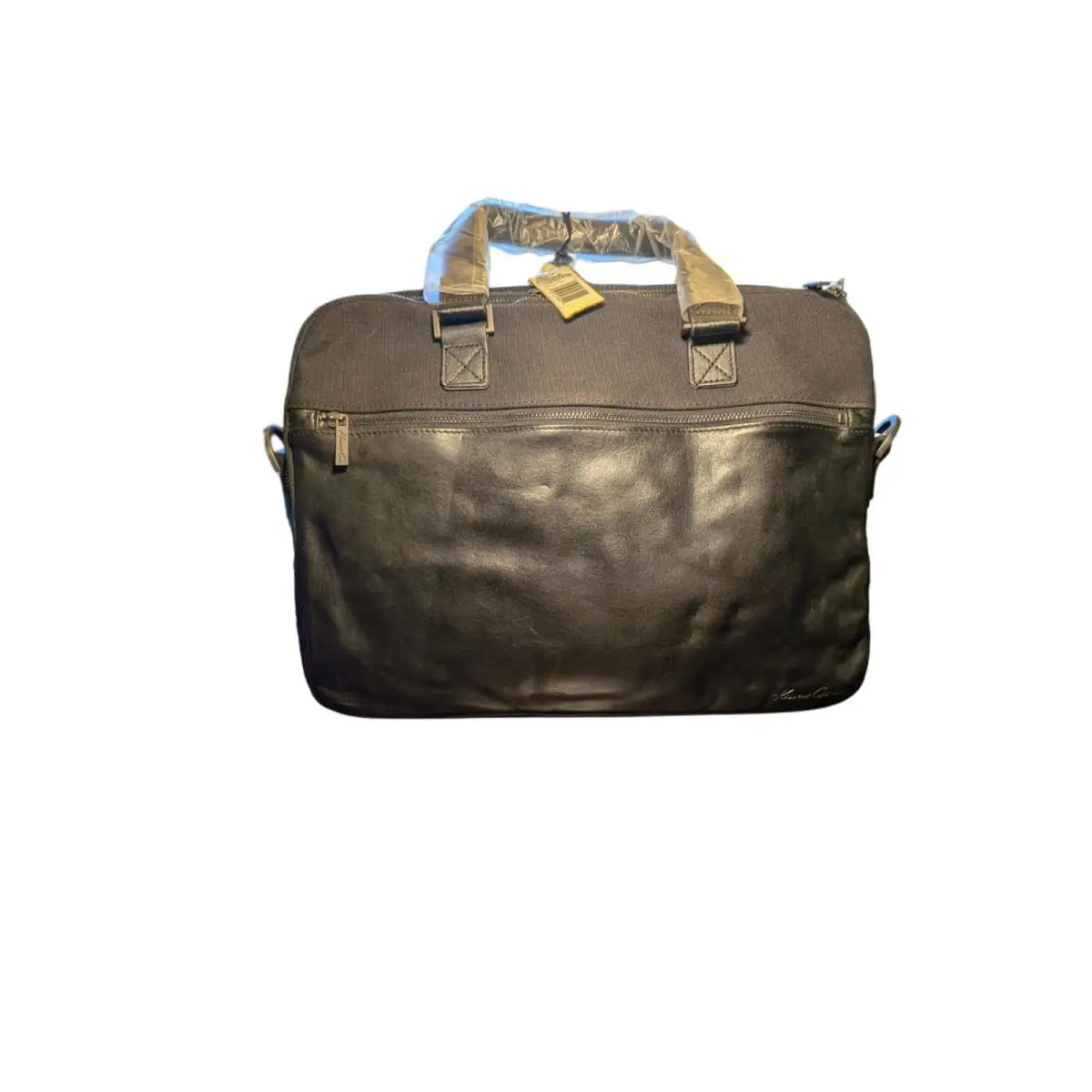 Kenneth Cole Black Leather and Canvas Laptop Messenger Bag