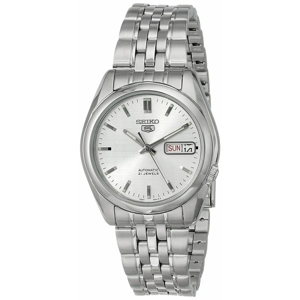Seiko Men`s Watch 5 Sports Day-date Silver Tone Dial Steel Bracelet SNK355K1