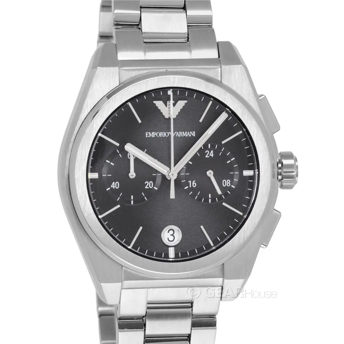 Emporio Armani Mens Chronograph Watch Black Dial Silver Stainless Steel Band