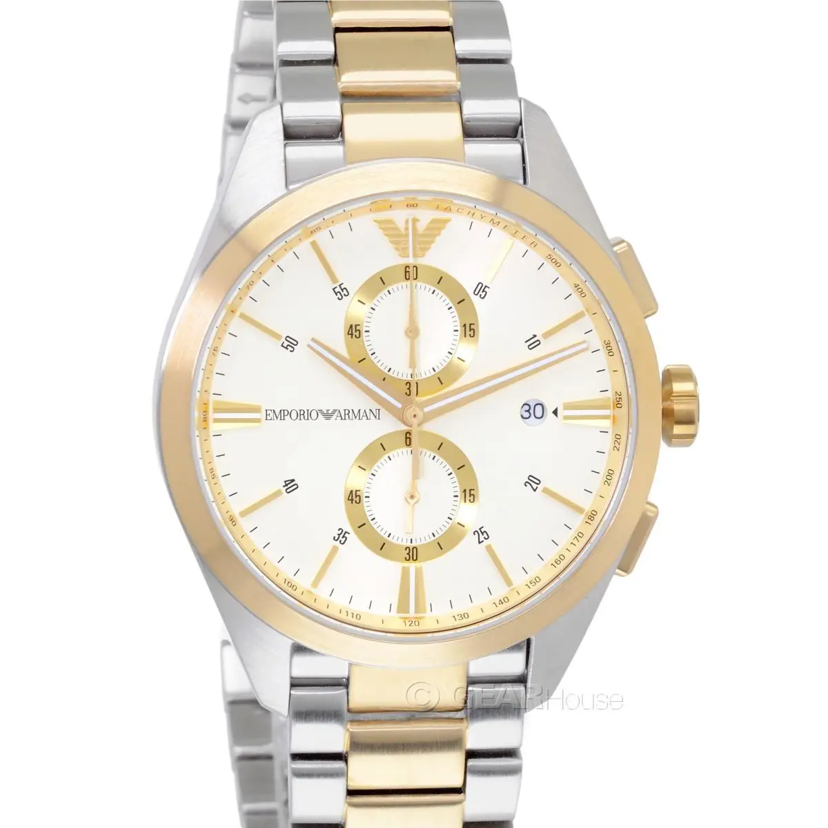 Emporio Armani Mens Chronograph Watch Cream Dial Two-tone Gold Silver Steel