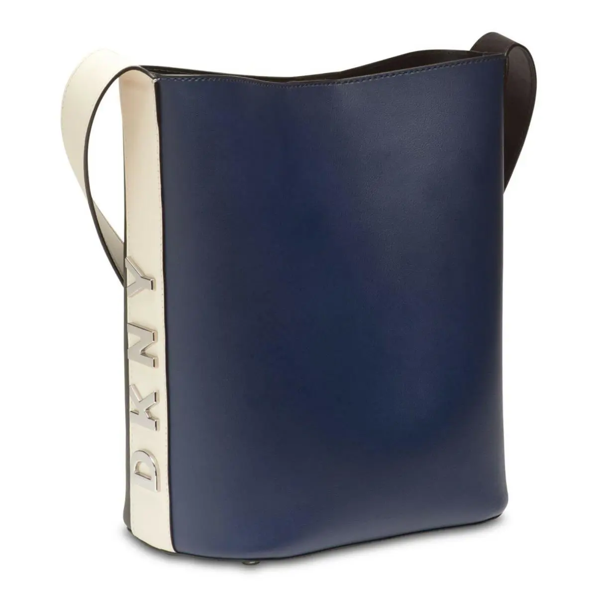 Dkny Bucket Tote Shoulder Bag to Crossbody Navy Blue Black Leather Silver Logo