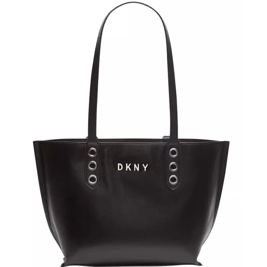 Dkny XL Bucket Tote Black Leather Shoulder Bag Silver Grommet Double Strap