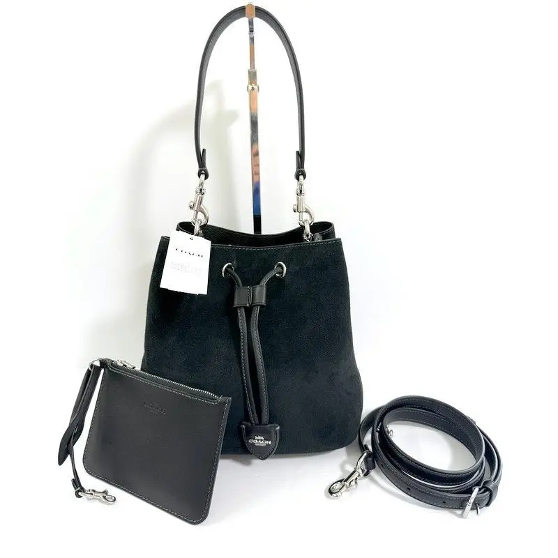 Coach Rowan Suede Drawstring Bucket Bag + Cherry Charm + Pouch Black