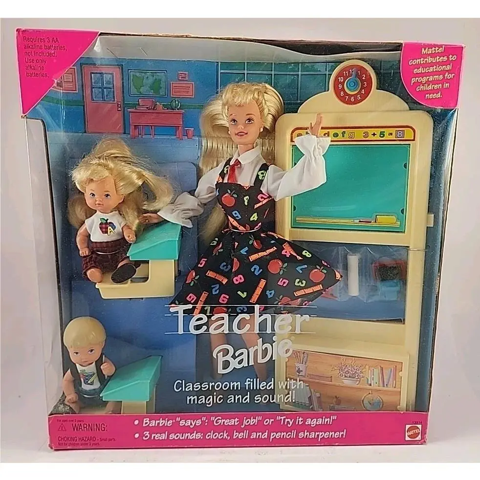 Vintage Teacher Barbie Doll Set with Two Children Students Talk Sound 1995