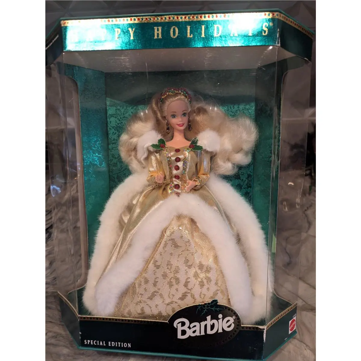 1994 Happy Holidays Barbie Special Edition Gold Gown Fur Trim Mattel Nrfb