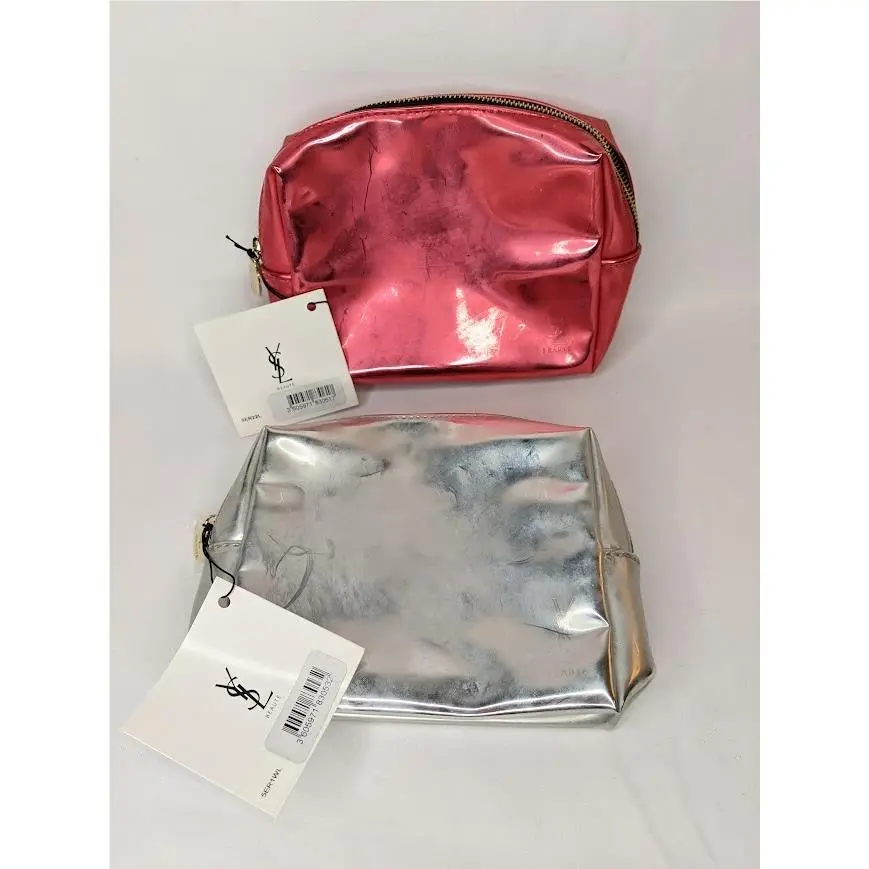 Yves Saint Laurent Ysl Cosmetic Bag Metallic Pink and Metallic Silver 6 x5.5 x2