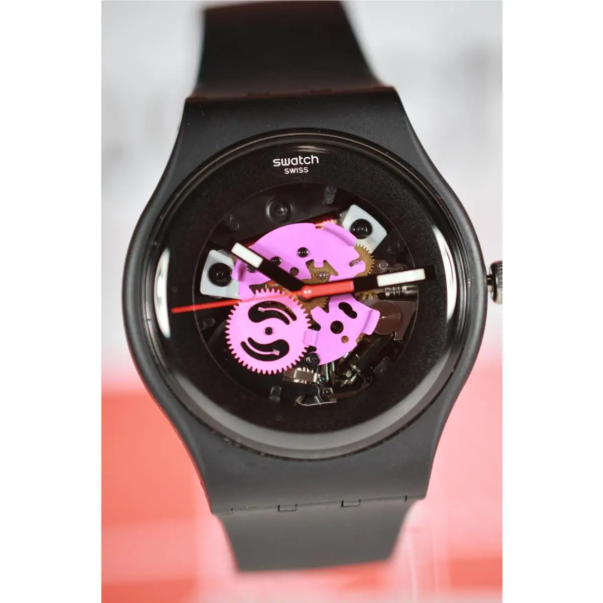 Limited Swiss Made Swatch Black Lacquered SO29B107 Glowing Hands Colors 41MM
