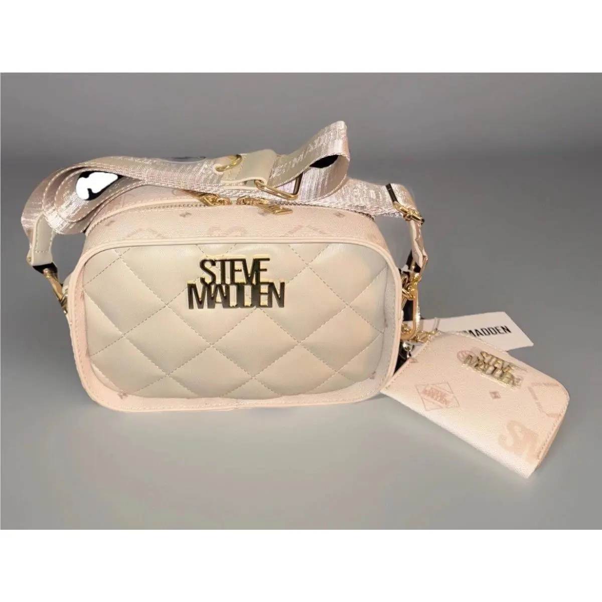 Steve Madden Crossbody Bag DR141885 Beige Quilt Pattern Coin Pouch