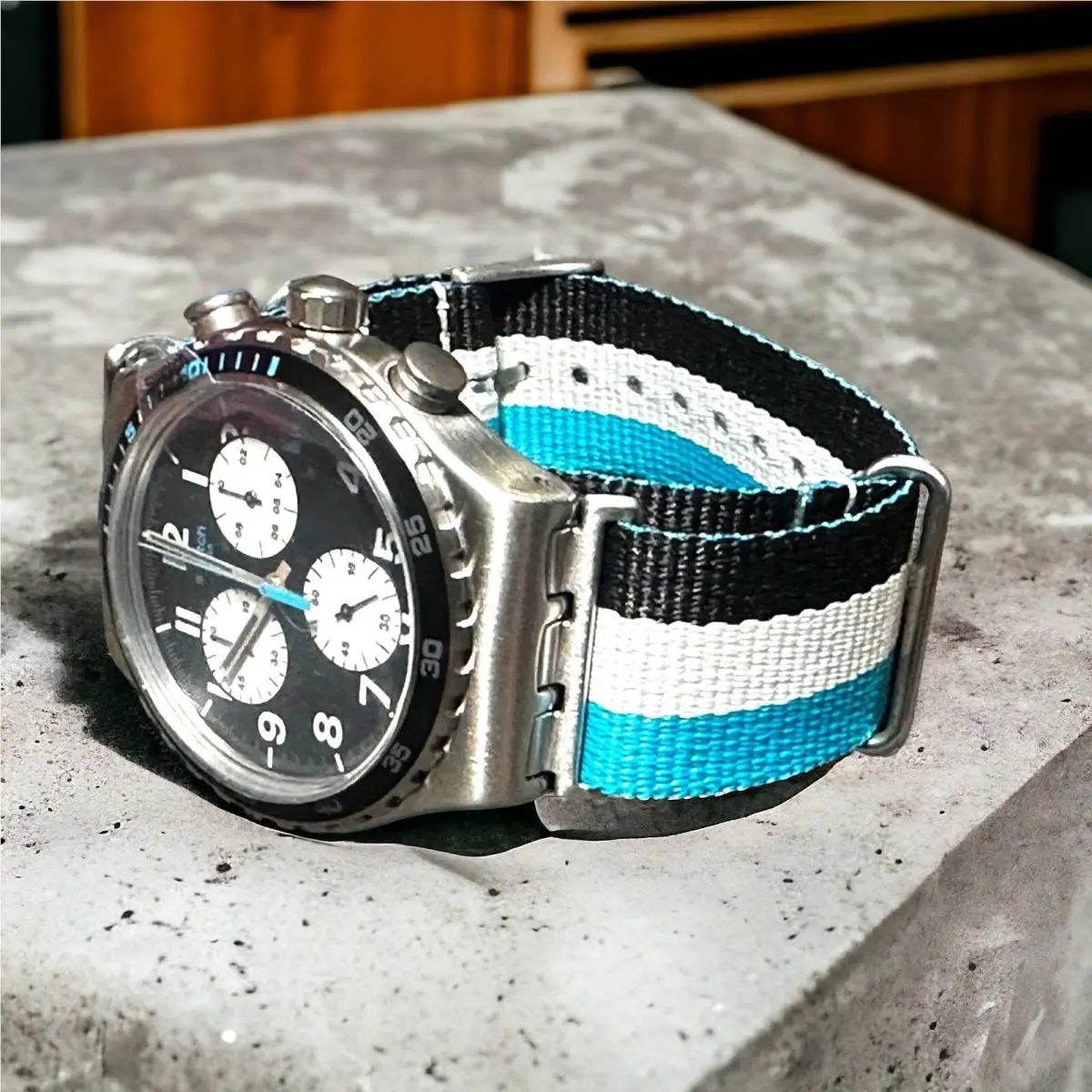 Limited Edition Swatch Irony Skybond Chronograph Striped Nylon Blue Wh Watch