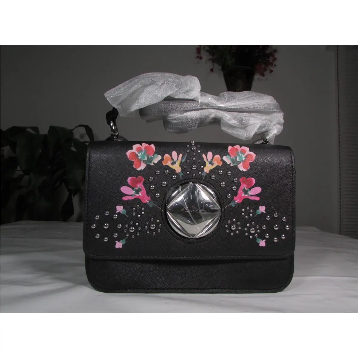 Calvin Klein Saffiano Leather Reese Floral Shoulder Bag Black