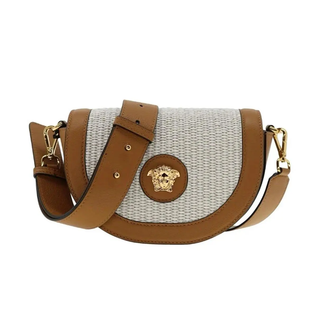 Versace Medusa Saddle Shoulder Crossbody Bag Brown Leather Raffia 925