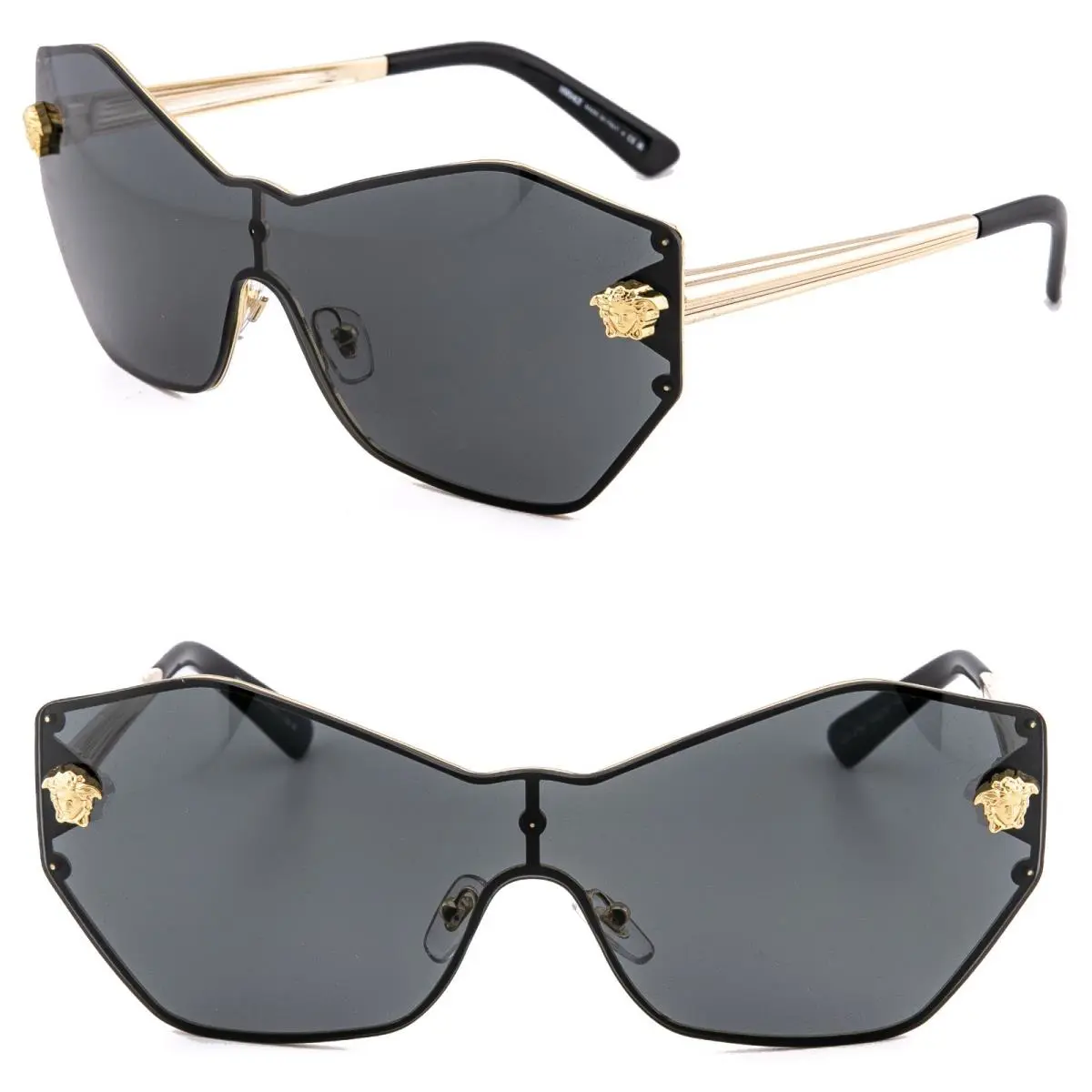 Versace VE2182 Glam Stud Medusa Head 2182 Black Gold Mask Shield Sunglasses