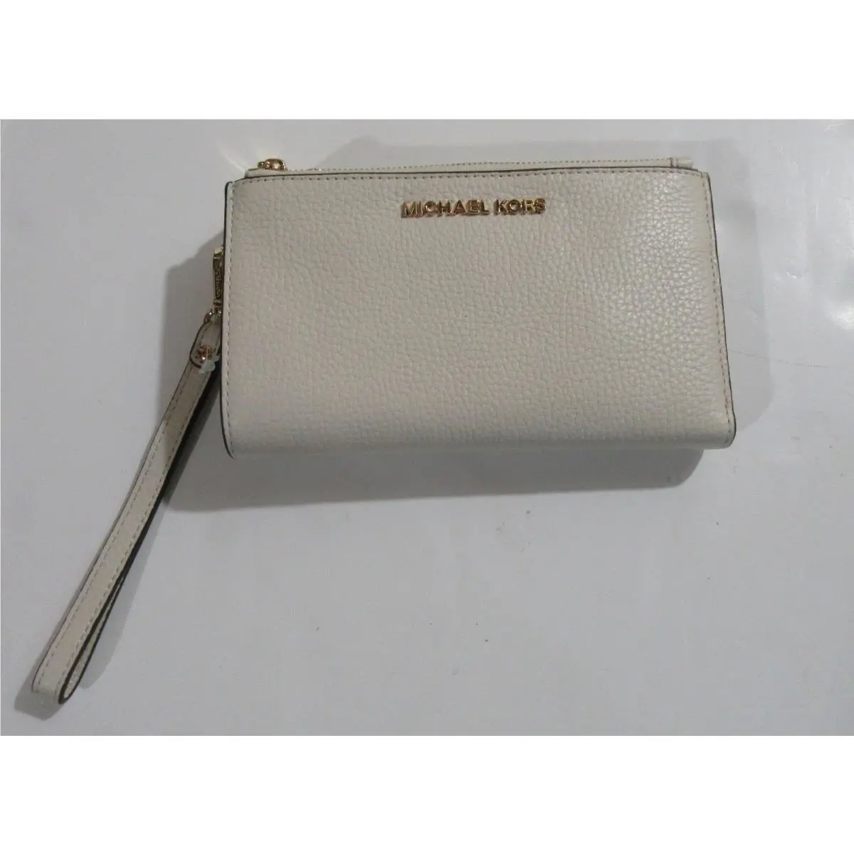 Michael Kors Jet Set Travel Double Zip Pebbled Leather Wristlet Wallet Ecru