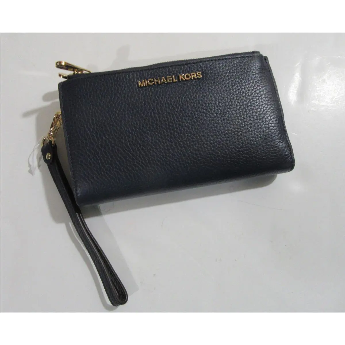 Michael Kors Jet Set Travel Double Zip Pebbled Leather Wristlet Wallet Navy