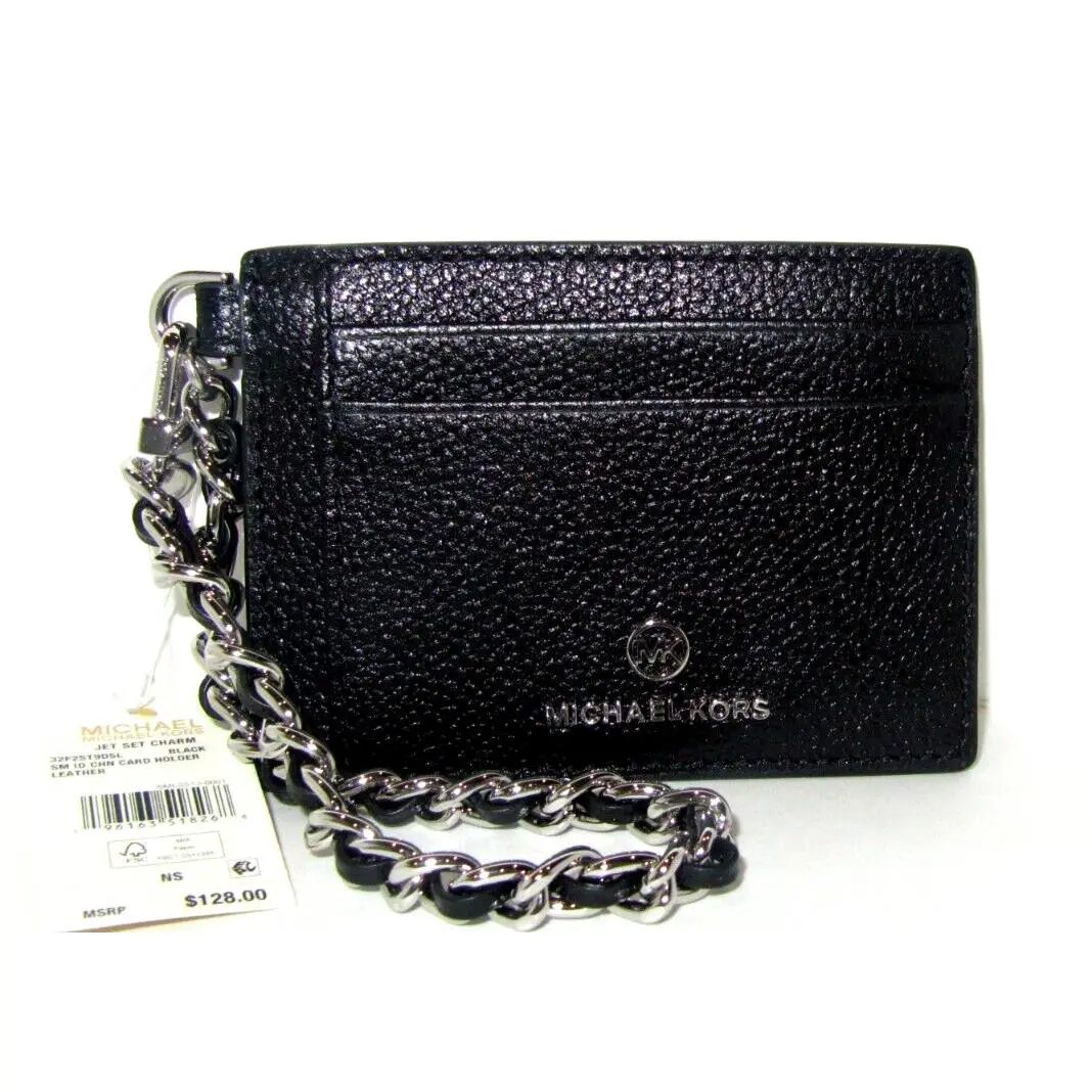 Michael Kors Black Jet Set Charm Small Leather ID Chain Card Holder