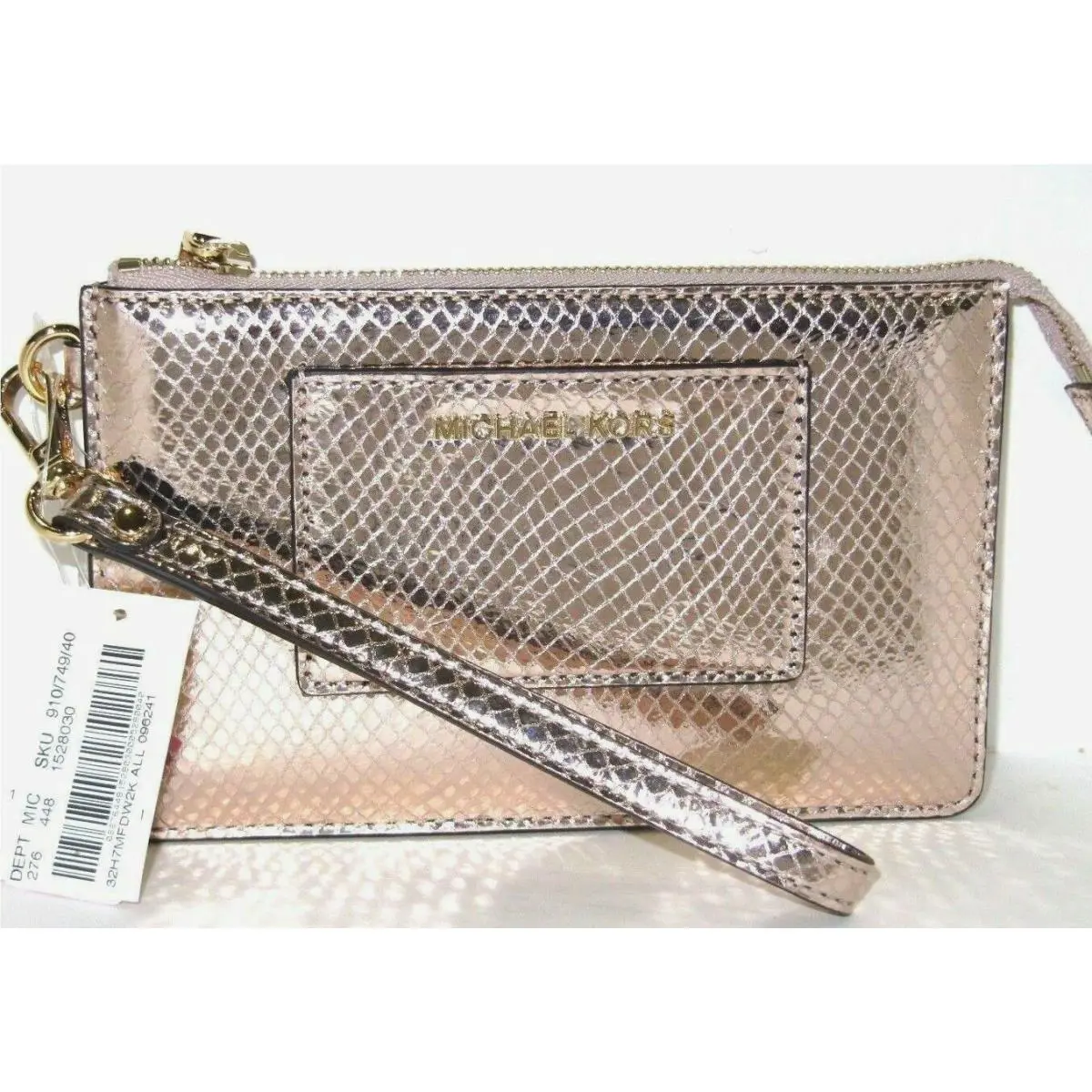 Michael Kors Soft Pink Metallic Leather Pocket Gusset Wristlet