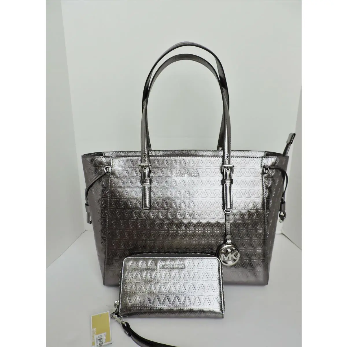 Michael Kors Voyager Gunmetal Embossed Leather Large Tote Zip Around Wallet