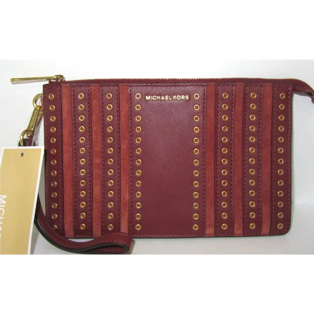 Michael Kors Brooklyn Brick Suede Leather Gold Grommets Wristlet Clutch