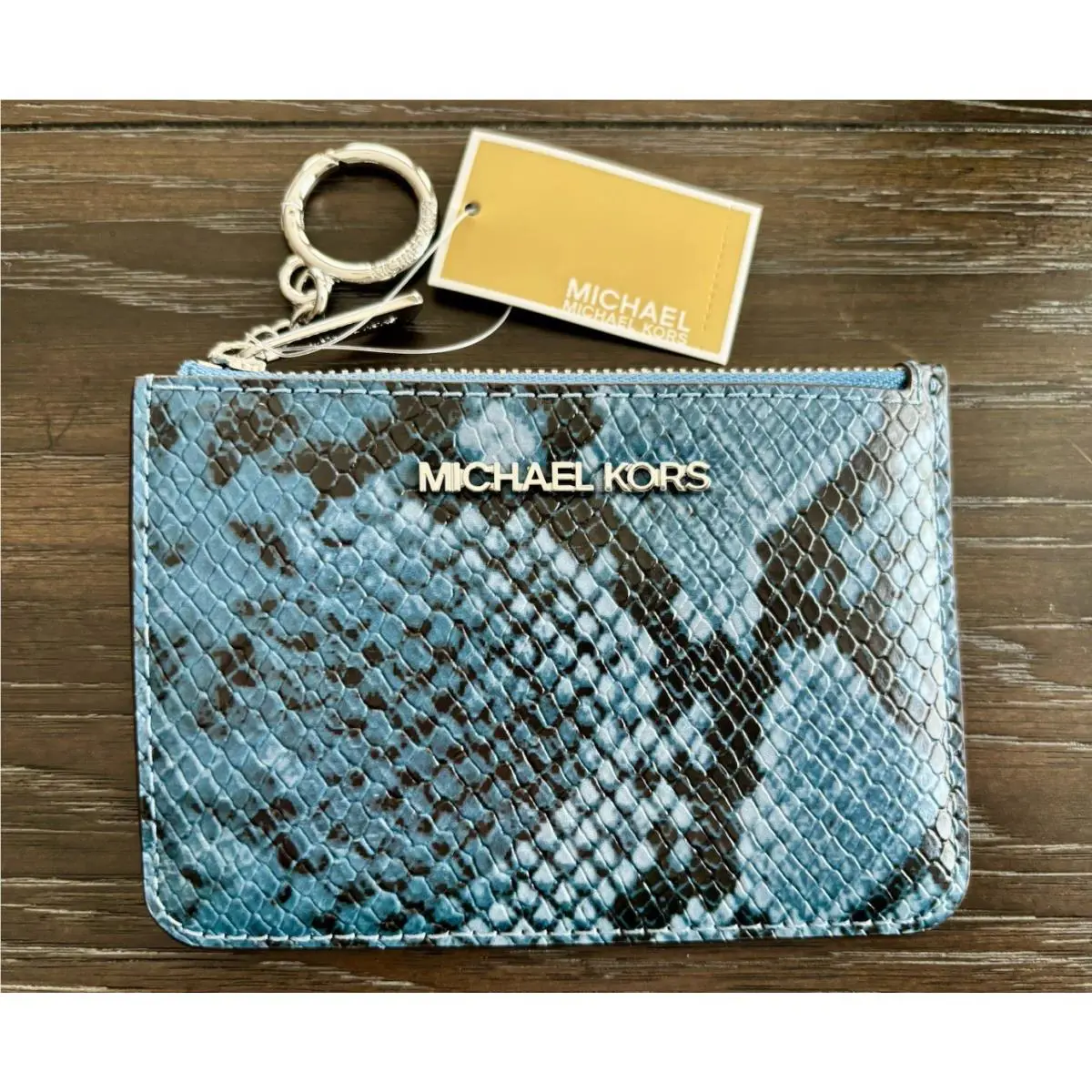 Michael Kors Jet Set Travel Blue Card Case Snake Print Coin Pouch ID Window