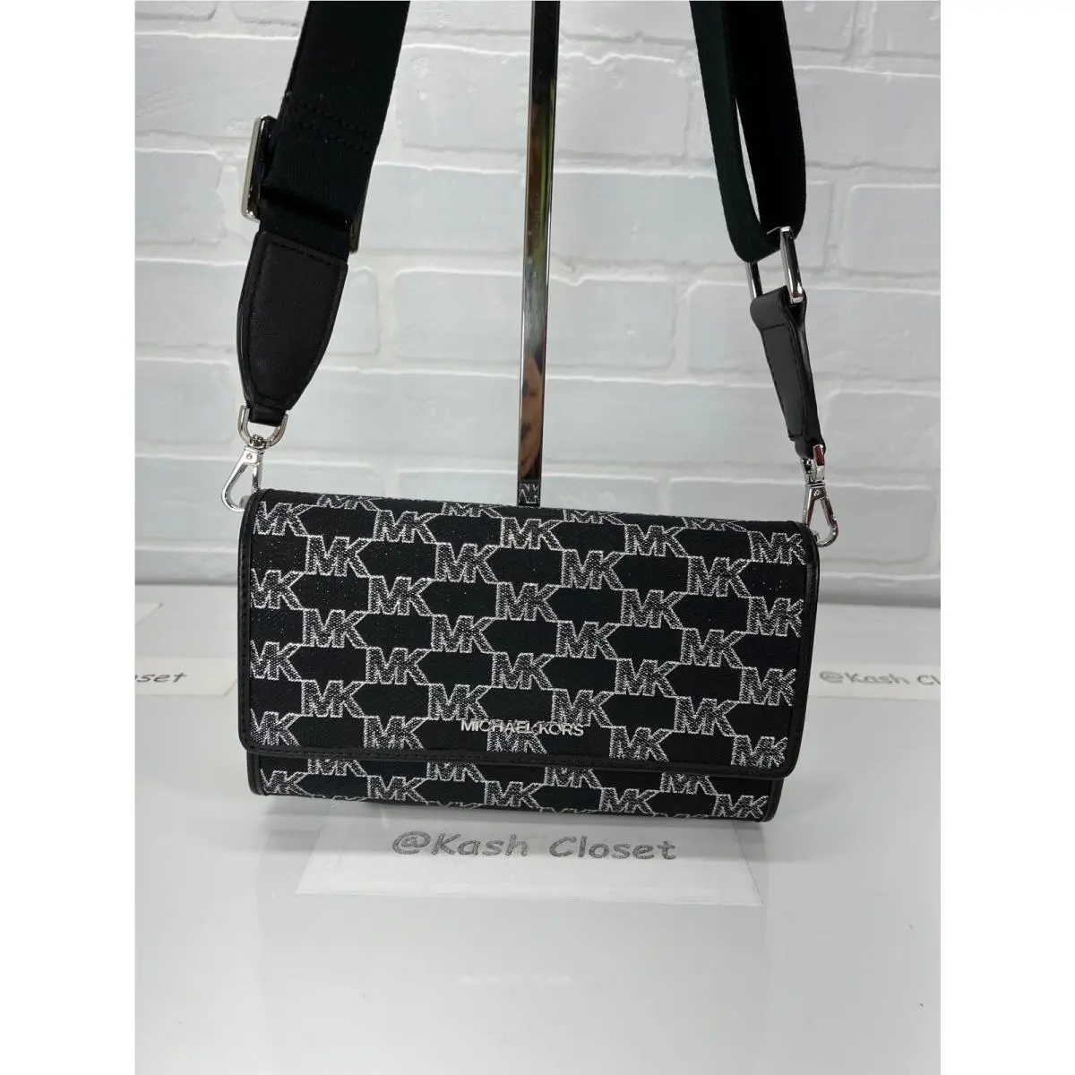 Michael Kors Crossbody Wallet Jet Set Metallic Large Clutch Purse Black Multi