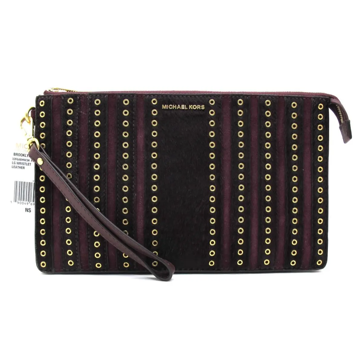 Michael Kors Brooklyn Grommet Top Zip LG Haircalf/leather Wristlet Plum