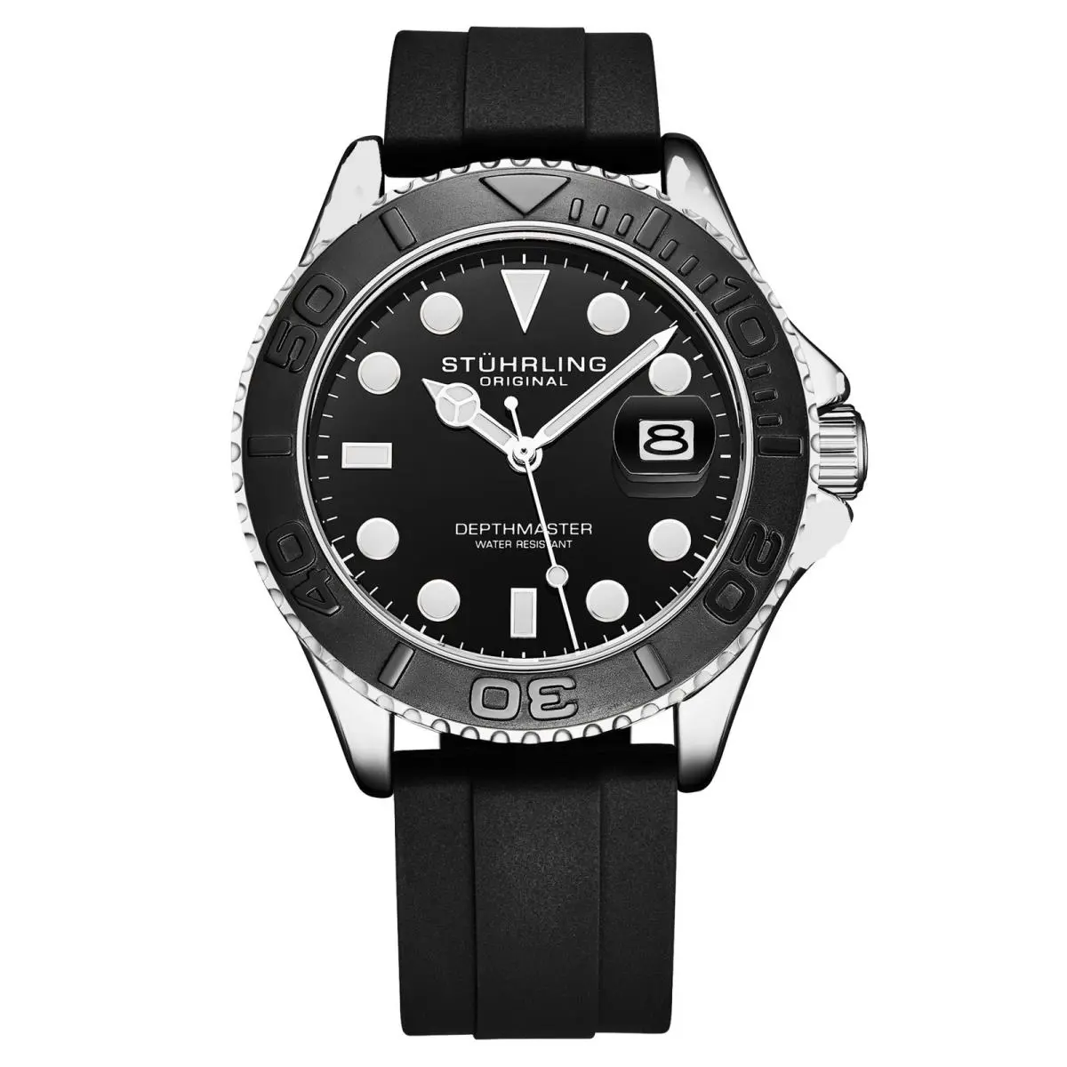 Stuhrling 4072 1 Depthmaster Quartz Date Black Silicone Strap Mens Watch by Stührling