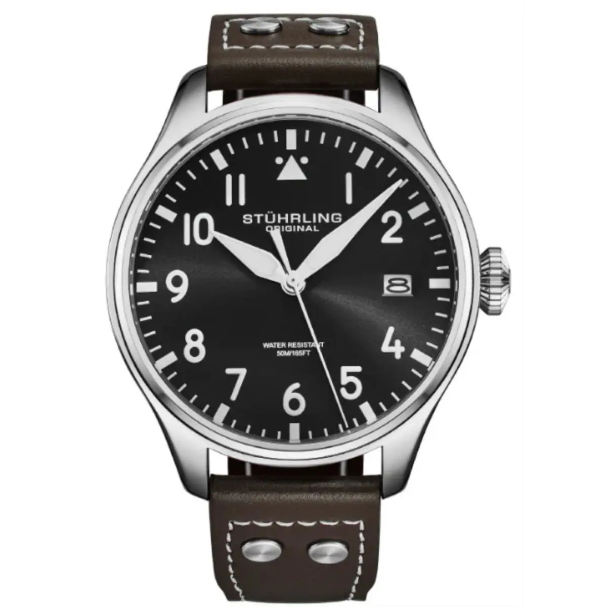 Stuhrling 4078 1 Airman Quartz Date Brown Leather Strap Mens Watch