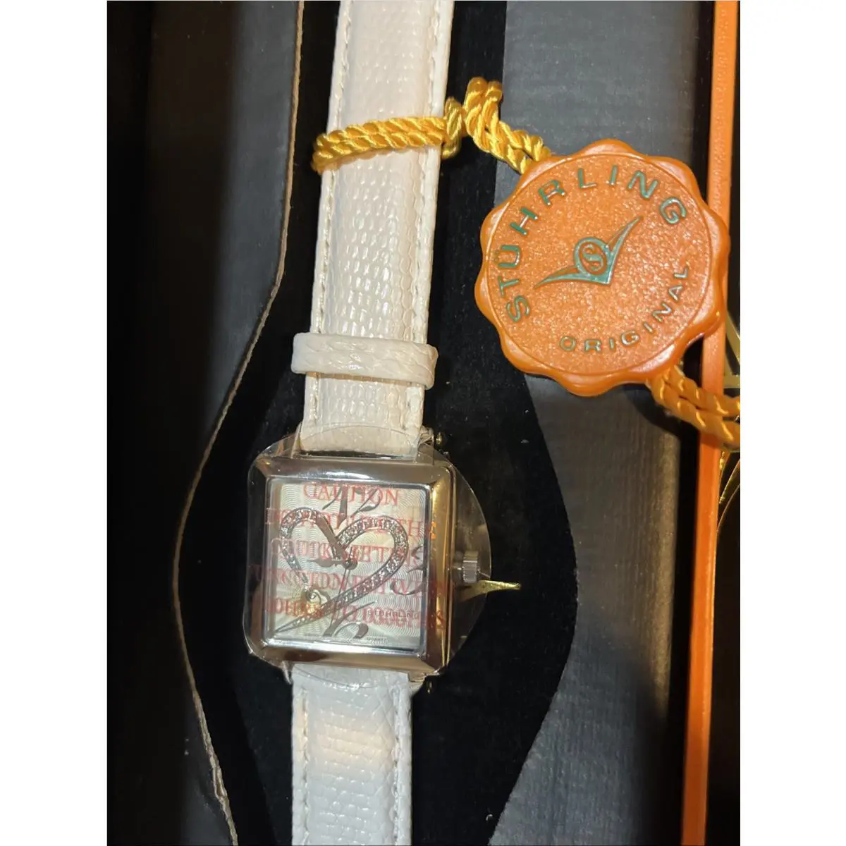 Stuhrling Courtly Diamond Heart Watch White Band +box Papers