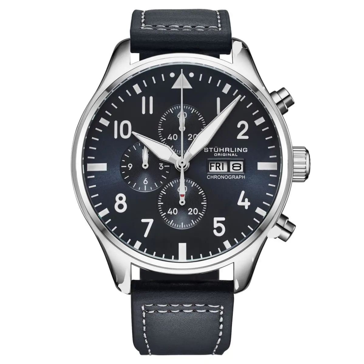 Stuhrling 4075 2 Navigator Quartz Chronograph Date Blue Leather Strap Mens Watch