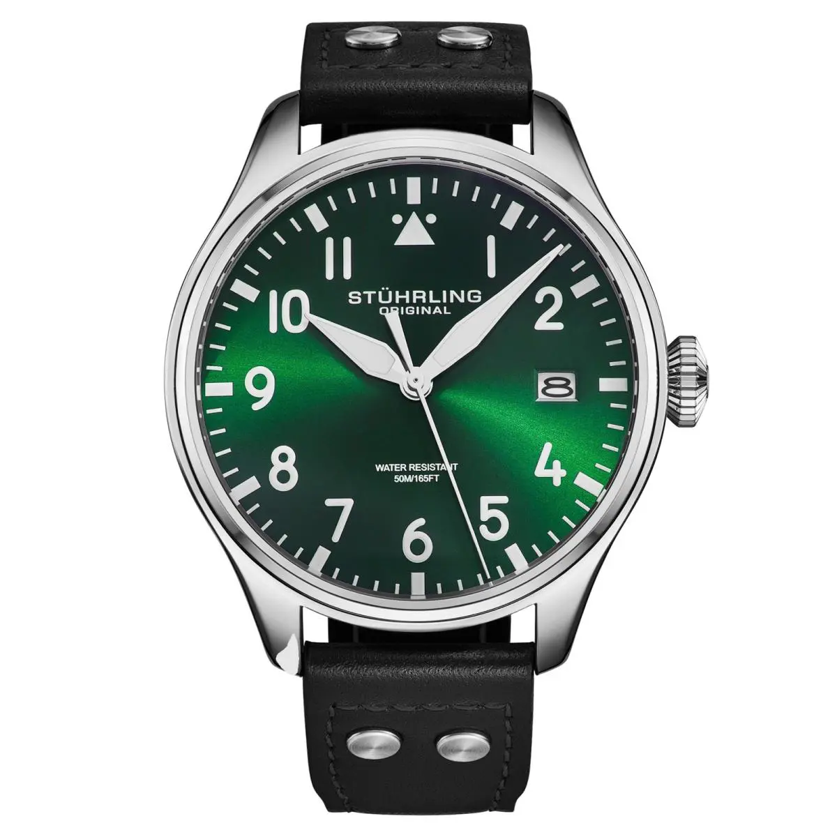 Stuhrling 4078 3 Airman Quartz Date Black Leather Strap Green Dial Mens Watch
