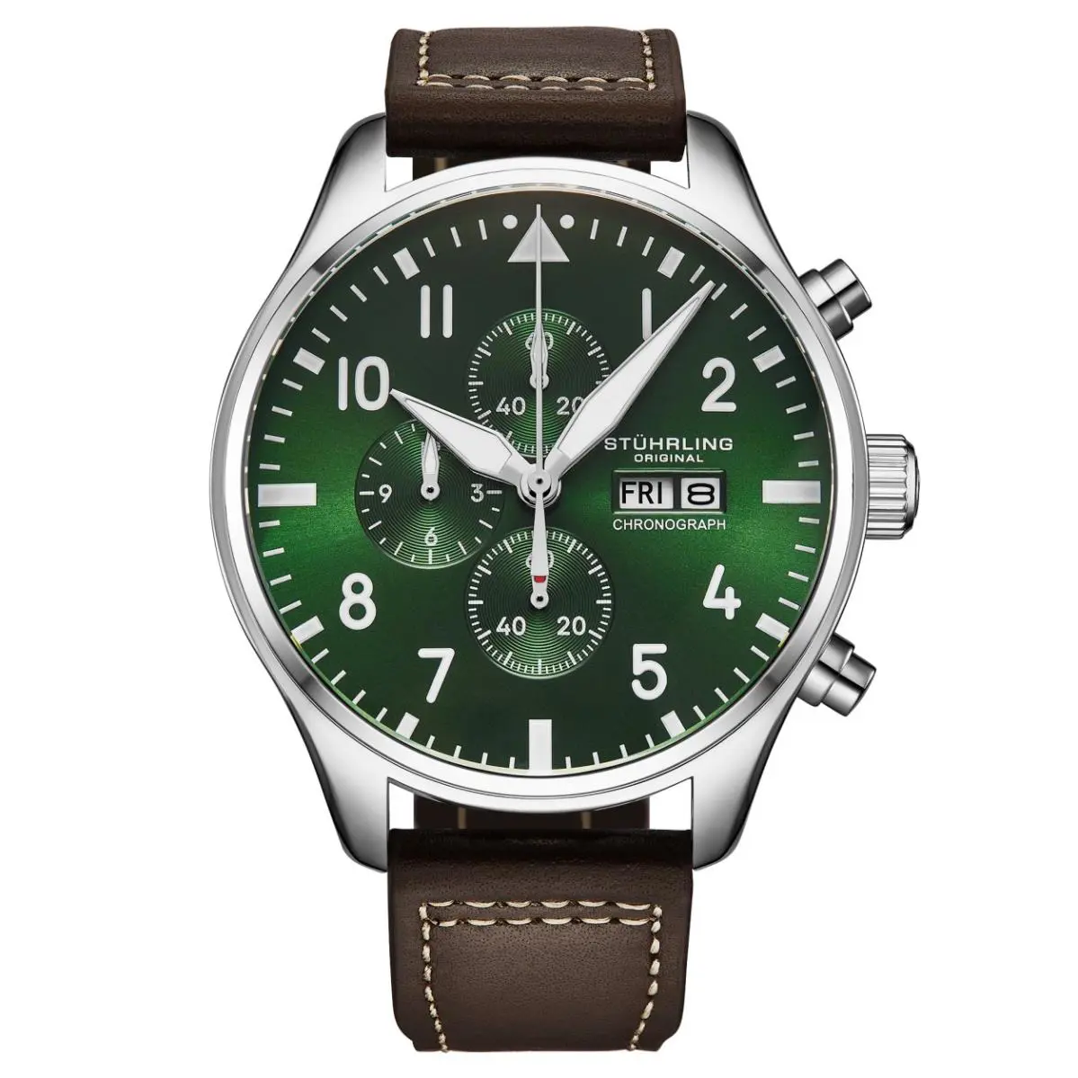 Stuhrling 4075 3 Navigator Quartz Chronograph Date Brown Leather Strap Mens Watc