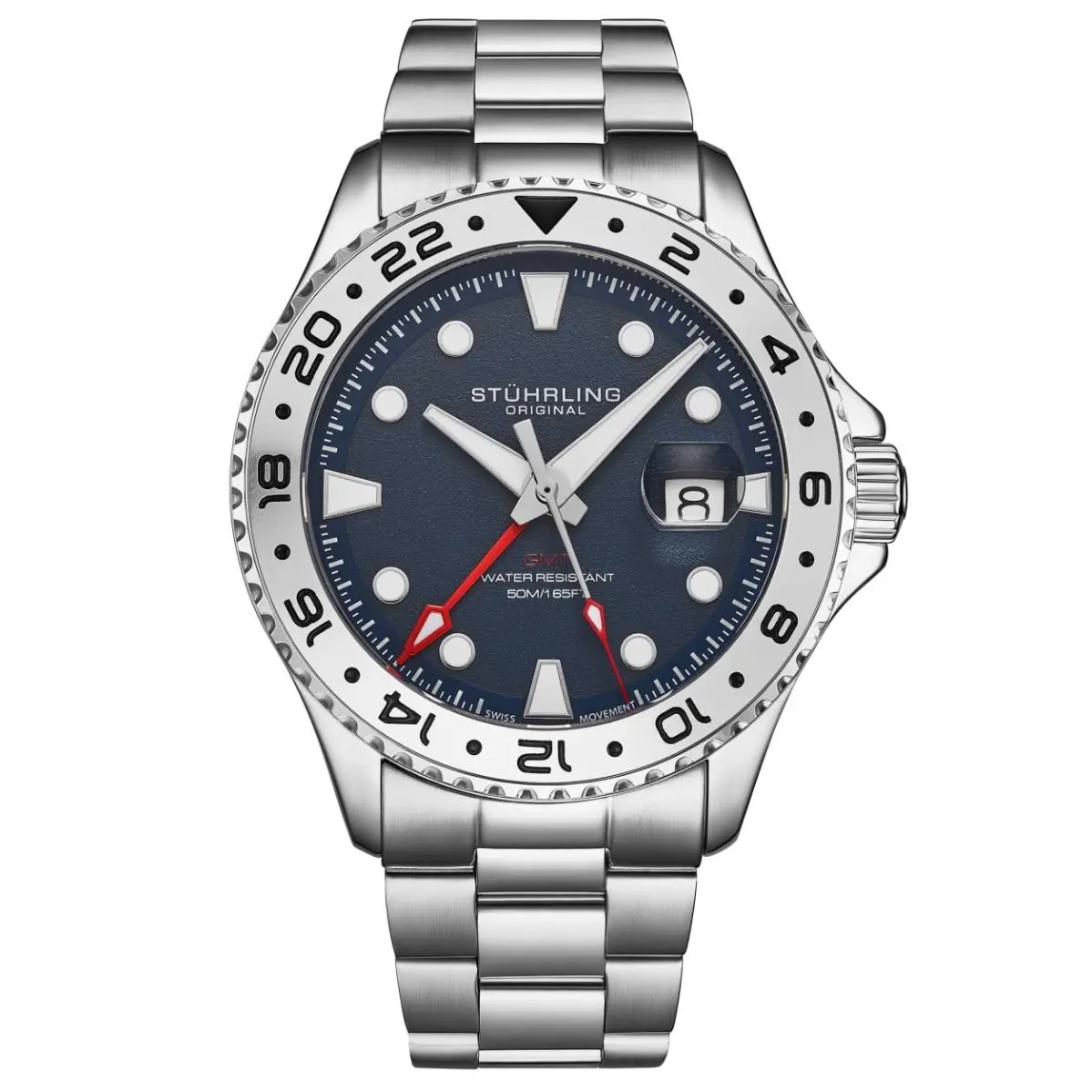 Stuhrling 4077 3 Equinox Gmt Quartz Date Stainless Steel Blue Dial Mens Watch by Stührling