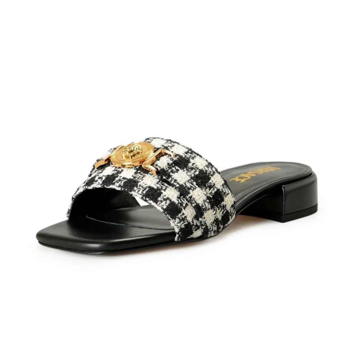 Versace Women`s Black White Gold Medusa Plaid Sandals Mules Shoes US 9 IT 39 - Black / White