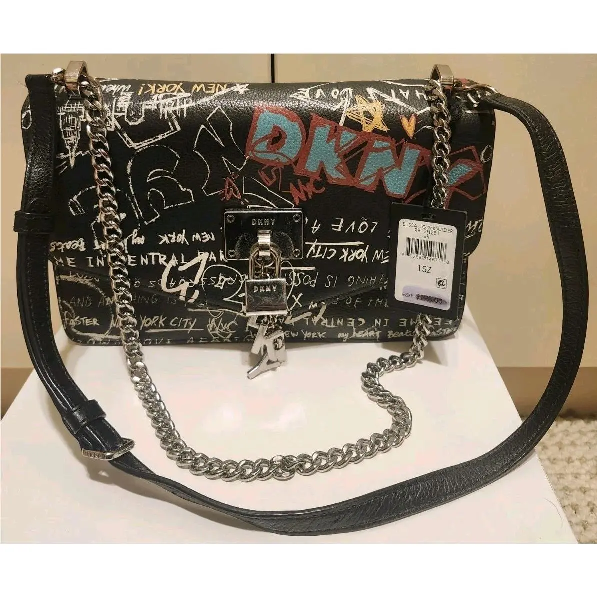Dkny Elissa Graffiti Print Leather Chain Link LG Shoulder Bag Ret.$198