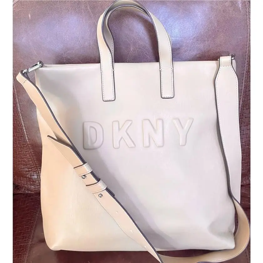Dkny Large Beige Tote Leather Tilly Convertible Crossbody Embossed Logo