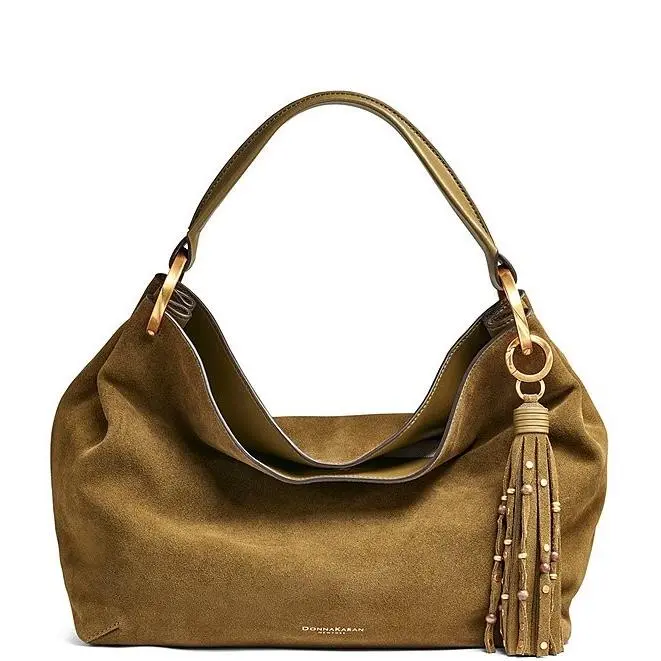 Donna Karan Glenwood Large Suede Fringe Tassle Slouch Hobo Bag Smoky Olive