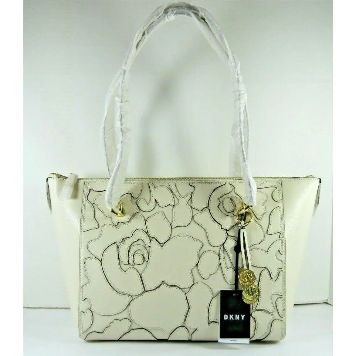 Dkny Large Tote Shoulder Bag Sara Zip Ivory Leather Stitched Floral Gold Charm