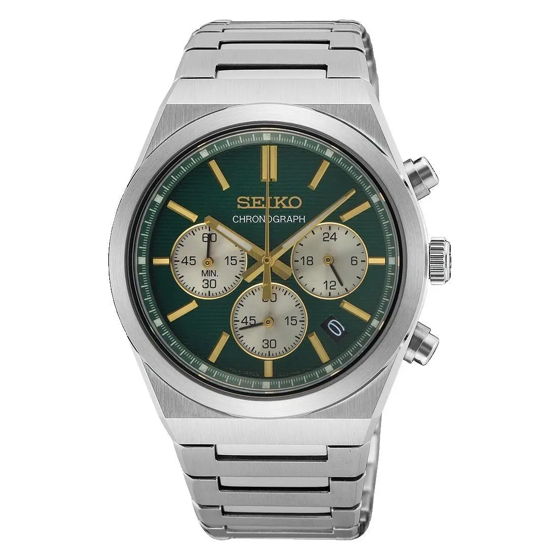 Seiko SSB461 Men`s Essentials Stainless Steel Green Dial Chronograph Date Watch - Dial: Green, Band: Silver, Bezel: Silver