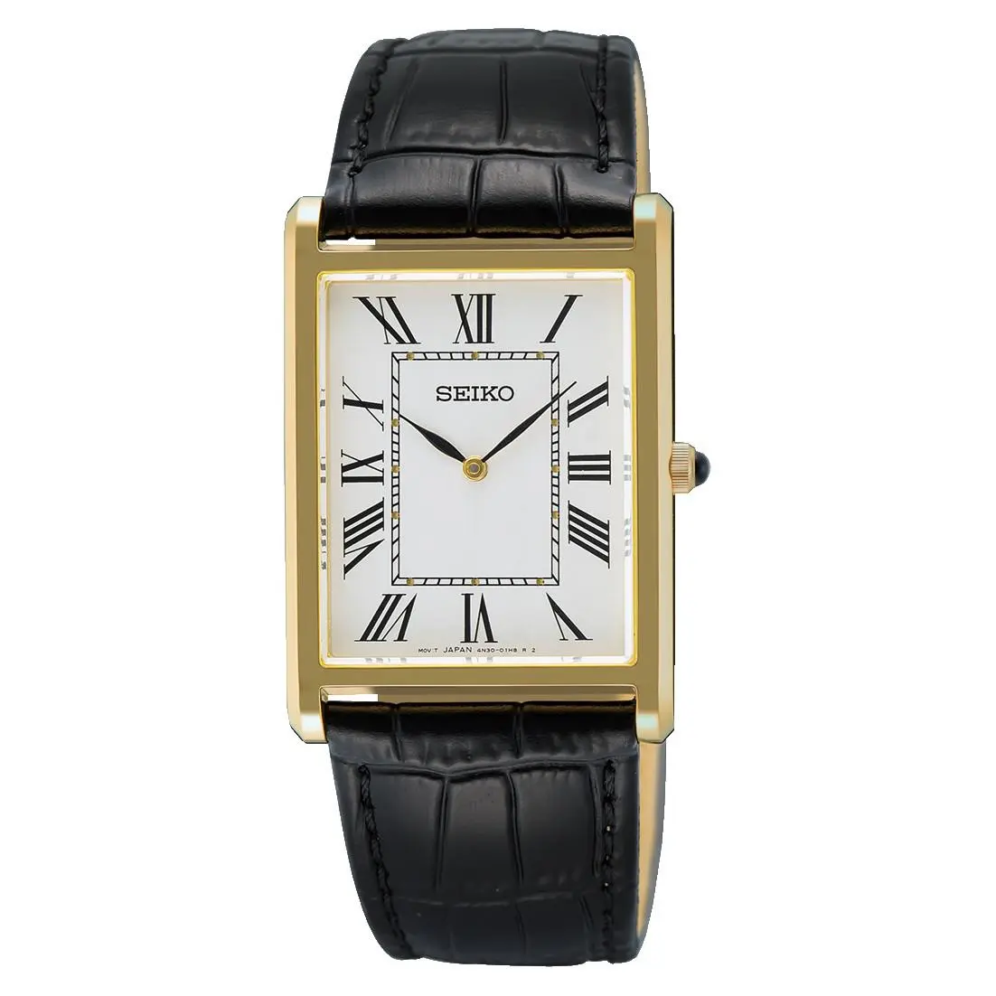 Seiko Essentials Quartz Gold Tone Rectangle Mens Watch SWR104 - Dial: White, Band: Black