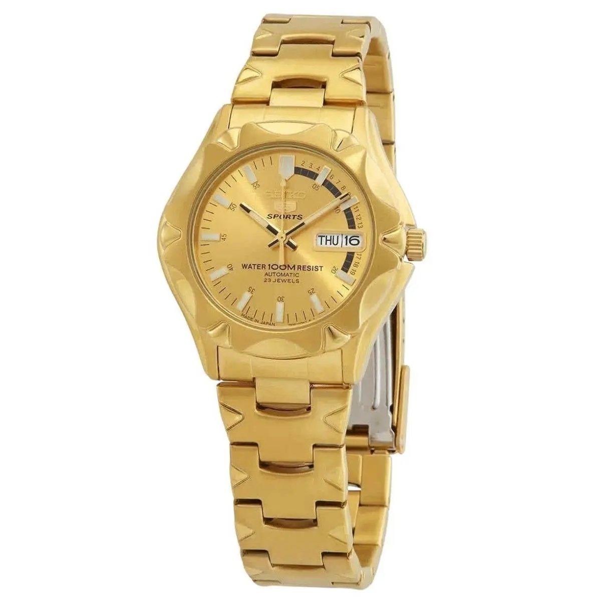 Seiko 5 Sports Stainless Steel Gold Dial 23 Jewels Automatic SNZ450J1 Mens Watch - Dial: Gold, Band: Gold, Bezel: Gold