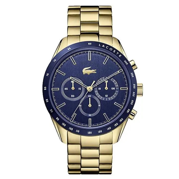 Lacoste Boston Chronograph 2011096 Blue Dial Gold Bracelet 42MM Mens Watch - Dial: Blue, Band: Gold, Bezel: Gold
