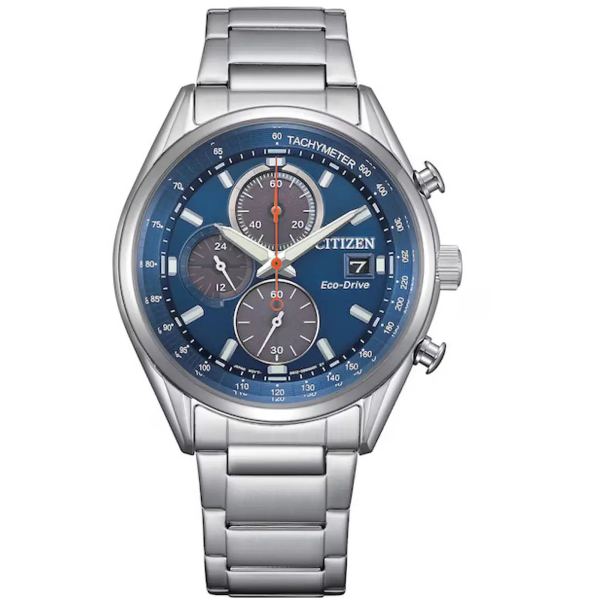 Citizen Men`s Watch Chrono Blue and Black Dial Silver Steel Bracelet CA0459-79L