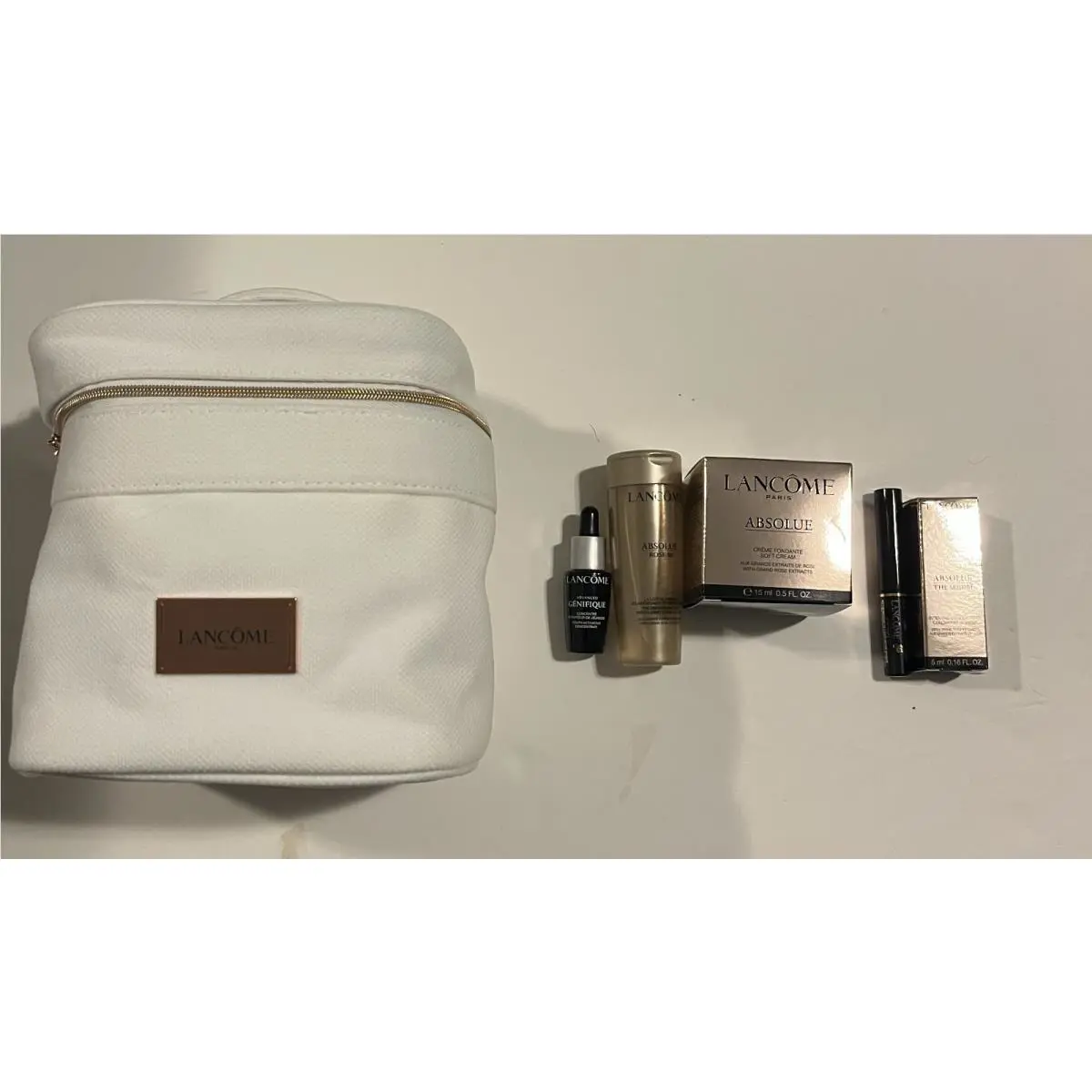 White Lancôme Cosmetic Bag W/toner Moisturizer Serum Mascara Concentrate