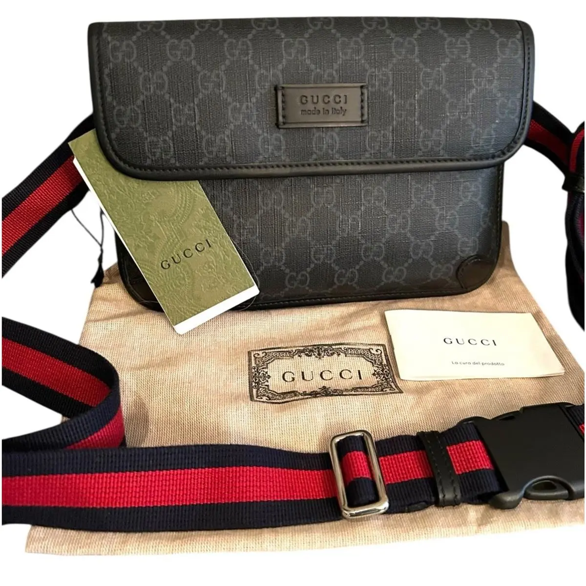 Gucci GG Supreme Belt Bag Canvas Crossbody Strap Monogram Web Black/gray