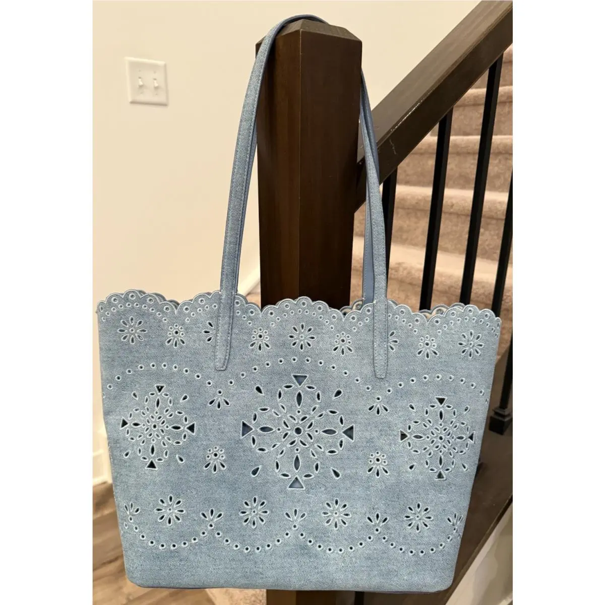New Kate Spade Do It All Perforated Tote Bag 13.5 x12.5 Denim Blue Suede