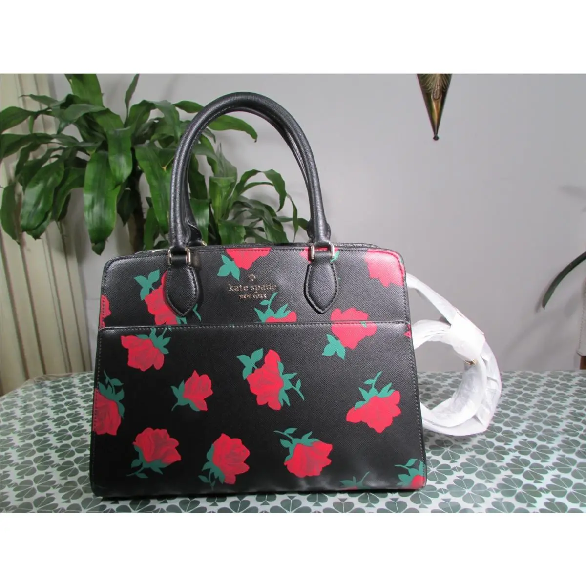 Kate Spade Madison Medium Rose Toss Print Leather Satchel KE536 Black Multi