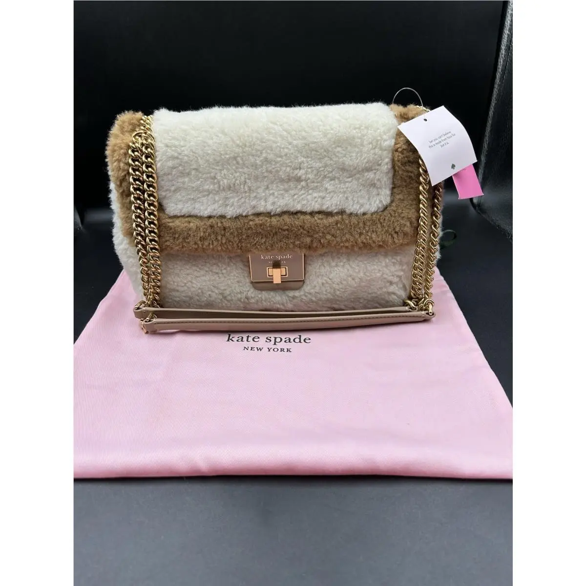 Kate Spade Evelyn Shearling Shoulder Bag Chain Leather Strap Turn Lock New