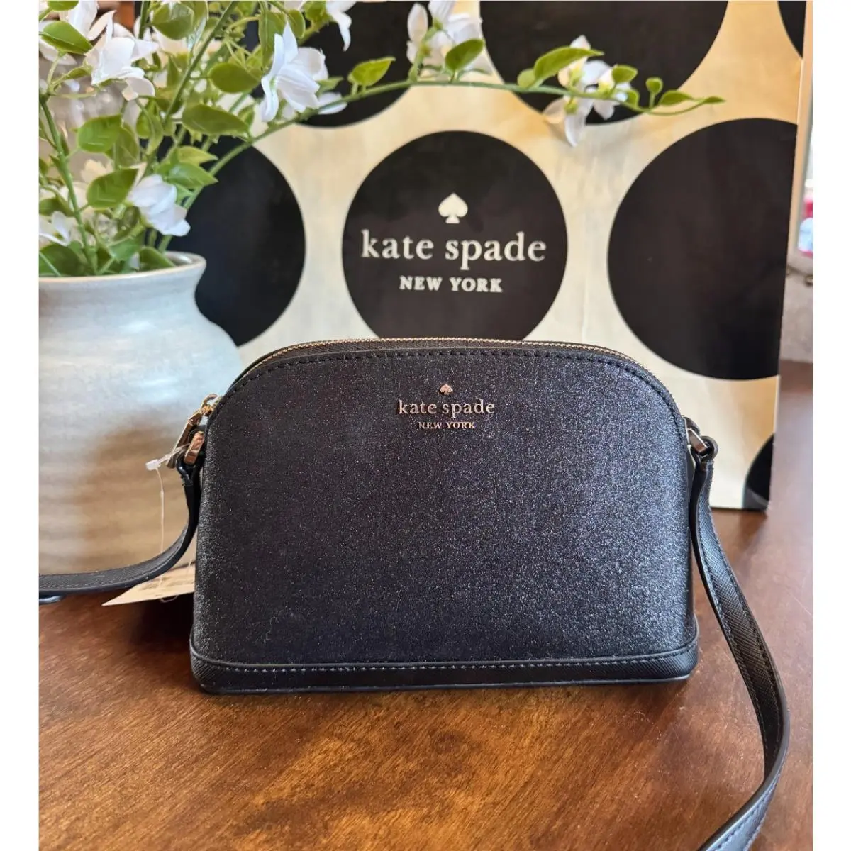 Kate Spade Tinsel Small Dome Crossbody Bag In Black Glitter Sparkly New